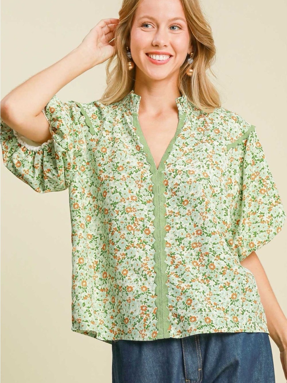 Umgee Floral Print Puff Sleeve RicRac Detail V Neck Blouse Green Multi Size S